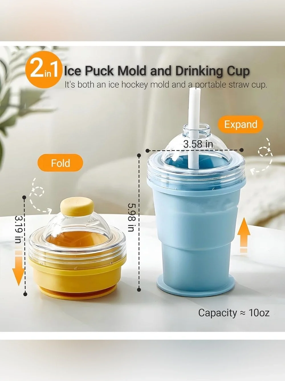 Portable Foldable Ice Hockey Drink Cup With Ice Ball Mold (Blue+Yellow)